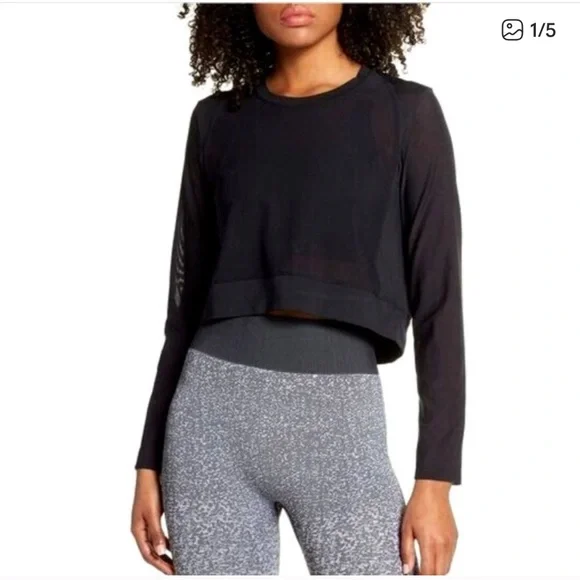 Adidas Mesh Black Cropped Long Sleeve Shirt - Picture 1 of 6